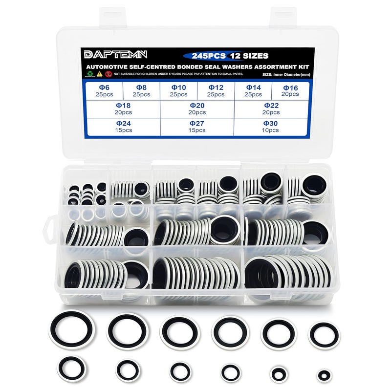 Daptemn 245PCS Bonded Sealing Washers, NBR Metric Zinc-Plated Steel Self-Centred Sealing Rubber Washers, Automotive Seal Gasket Crush O-Ring Assortment Kit Set, Includes Sizes of M6-M30 - Image 1
